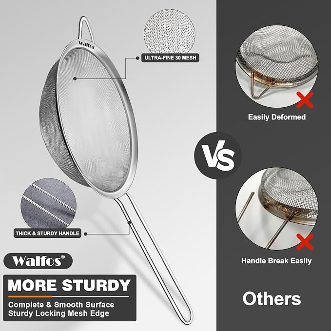 Walfos 6.3 Inch Fine Mesh Strainer, Premium Stainless Steel Sieve and Sifter - Image 6