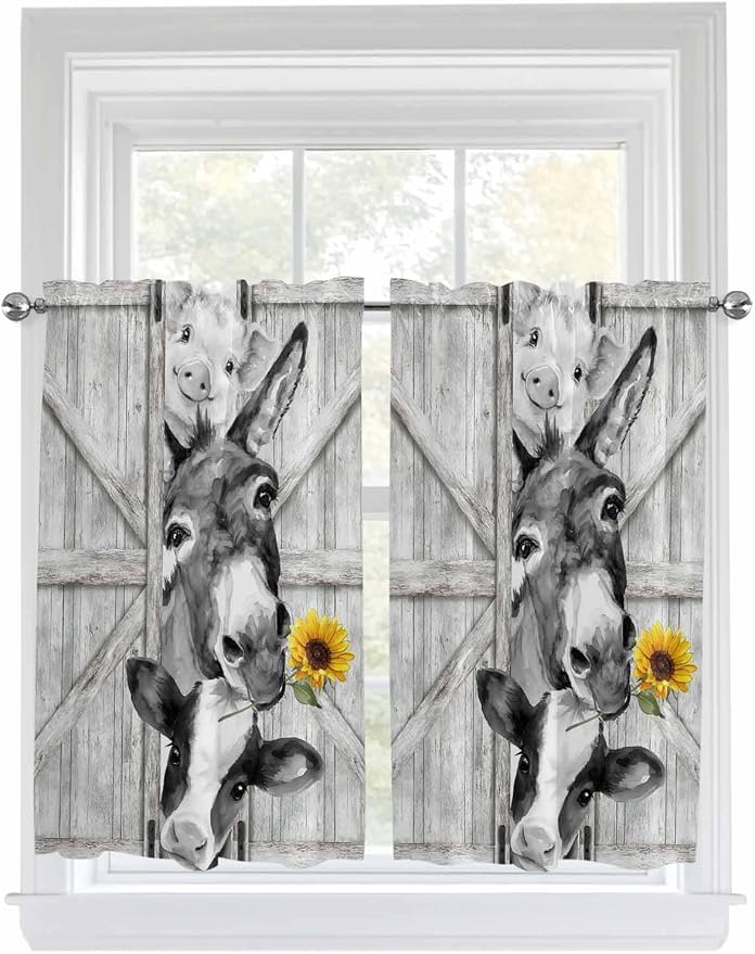 Grey Farmhouse Kitchen Curtains 54 Inches Length, Vintage Sunflowers Animals by Unknown