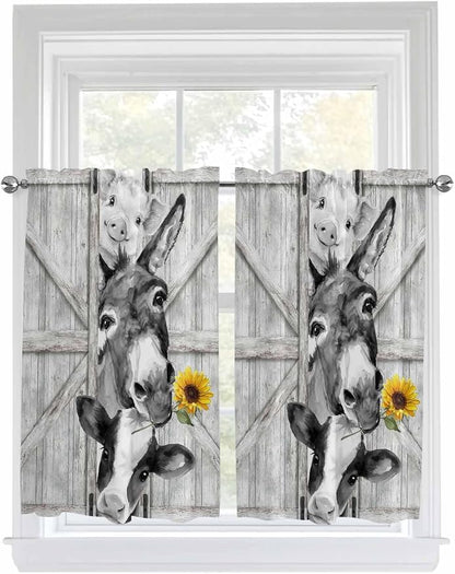 Grey Farmhouse Kitchen Curtains 54 Inches Length, Vintage Sunflowers Animals by Unknown