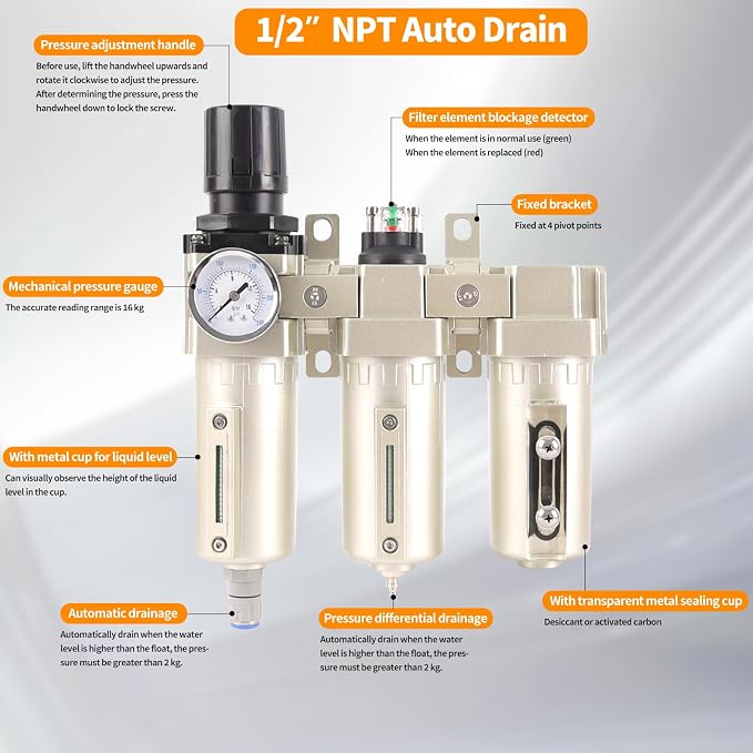 1/2" NPT Industrial Grade 3 Stage Air Compressor Drying System, 0-240 PSI - Image 4