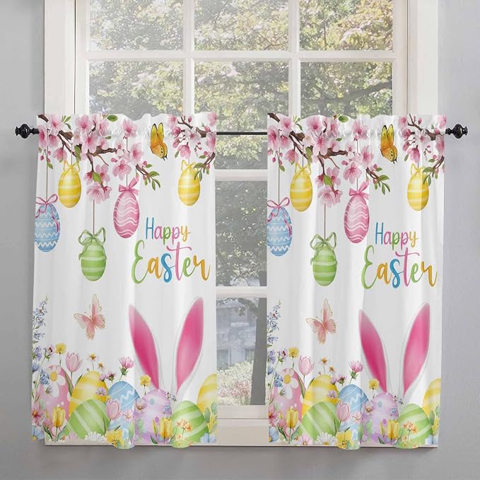 Happy Easter Kitchen Curtains 45 Inches length, Spring Watercolor Bunny Eggs - Image 2
