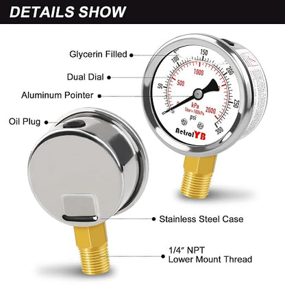 0-300 PSI Heavy-Duty Pressure Gauge, Glycerin-Filled, Stainless Steel, 1/4" NPT - Image 4