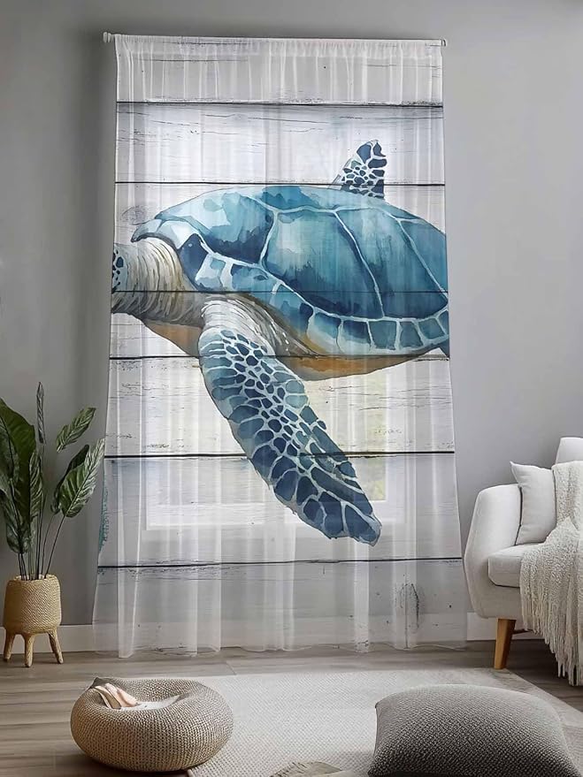 Sheer Curtains 108 Inches Long, Sea Turtle Blue Semi Sheer Curtains Light - Image 2
