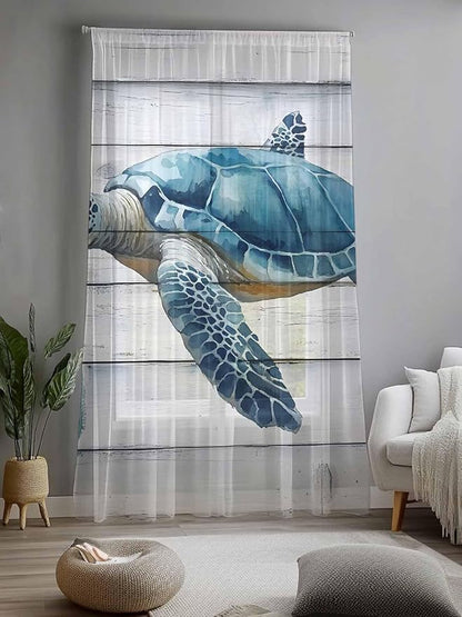 Sheer Curtains 108 Inches Long, Sea Turtle Blue Semi Sheer Curtains Light - Image 2
