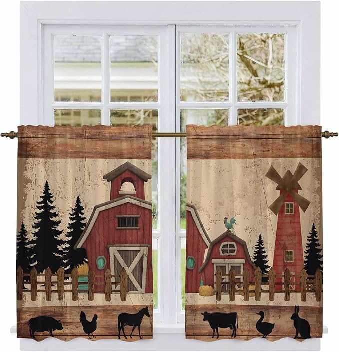 Brown Farmhouse Kitchen Curtains, Vintage Country Animals Wooden Grain Light - Image 2