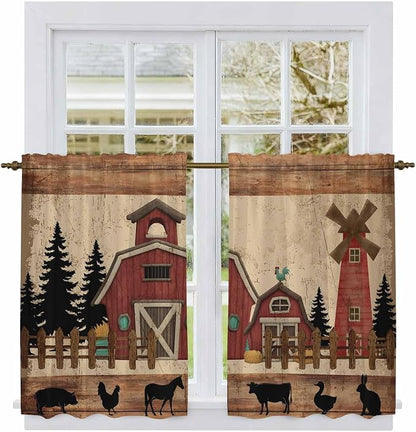 Brown Farmhouse Kitchen Curtains, Vintage Country Animals Wooden Grain Light - Image 2