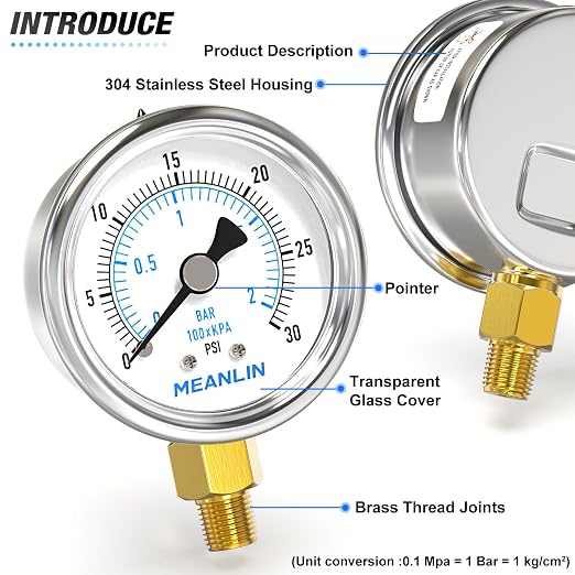 MEANLIN MEASURE 0~30Psi Dry Low Pressure Gauge Stainless Steel 1/8" NPT 2" FACE - Image 4