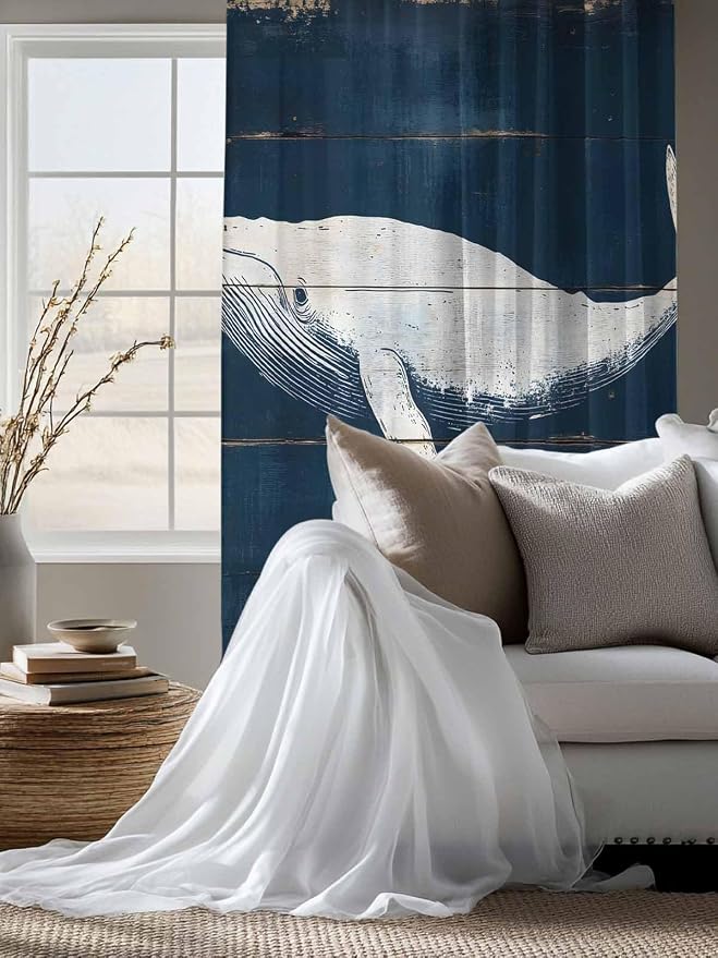 Sheer Curtains 63 Inch Length, Ocean Whale Blue Semi Sheer Curtains Light - Image 4