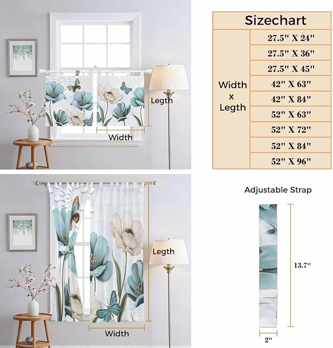 Blue Tulips Kitchen Curtains 24 Inch Length, Small Window Curtains Tab Top - Image 8