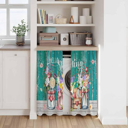 Spring Flowers Tier Curtains, Farmhouse Watercolor Teal Wood Grain Light - Image 7