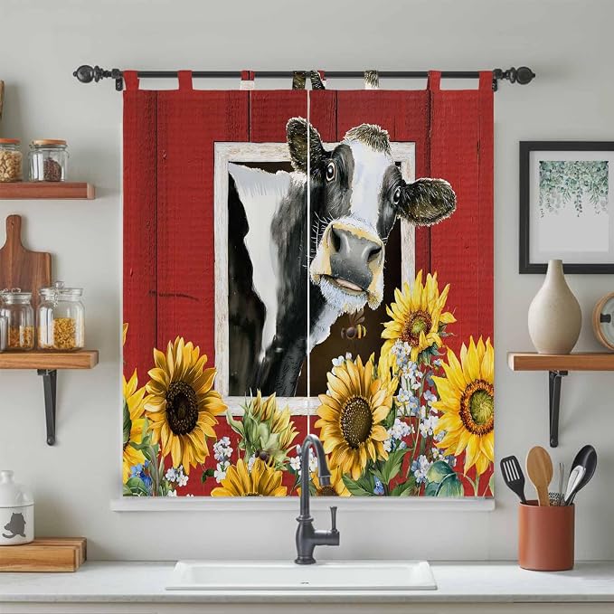 Cows Sunflowers Bathroom Curtains 63 Inch Length, Window Curtains Tab Top - Image 3