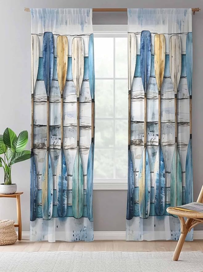 Sheer Curtains 108 Inches Long, Lake Paddle Striped Semi Sheer Curtains Light - Image 5
