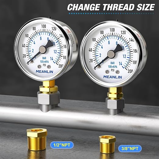MEANLIN MEASURE 0~200Psi Dry Pressure Gauge Stainless Steel 1/4" NPT 2" FACE - Image 3