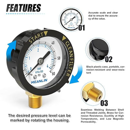 MEANLIN MEASURE 0~60Psi Plastic Frame 1/4" NPT Start and Clean Filter Pressure - Image 5