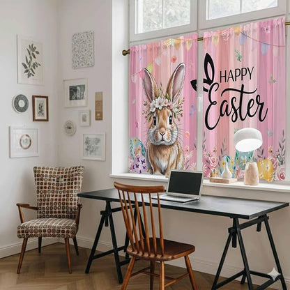 Easter Tier Curtains, Spring Rabbit Eggs Flowers Flags Leaves Wood Grain Light - Image 6