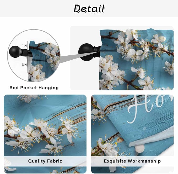 Farmhouse Wooden Grain Tier Curtains, Vintage Shabby Chic Flower Blue Light - Image 9