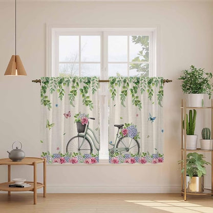 Farmhouse Spring Tier Curtains, Retro Bicycles Flowers Vines Butterfly Light - Image 3