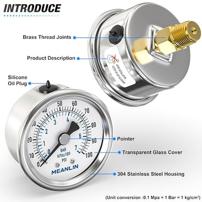 MEANLIN MEASURE 0~100Psi Dry Pressure Gauge Stainless Steel 1/4" NPT 2" FACE - Image 4