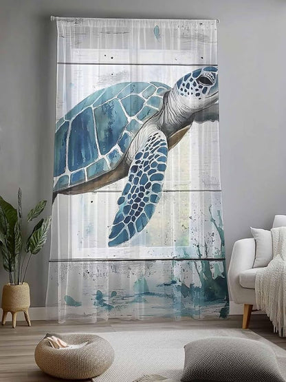 Sheer Curtains 96 Inches Long, Teal Green Sea Turtle Semi Sheer Curtains Light - Image 2