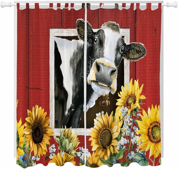 Cows Sunflowers Living Room Curtains 96 Inch Length, Window Curtains Tab Top by Unknown