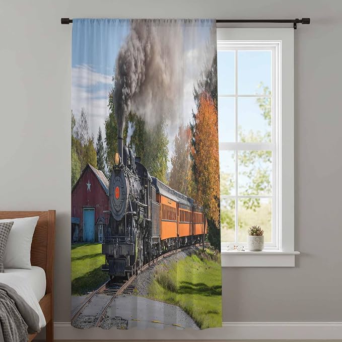Steam Train Sheer Curtains 54 Inch Length Railroad Country Barn Rustic Trees - Image 4