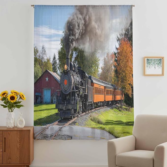 Steam Train Sheer Curtains 72 Inch Length Railroad Country Barn Rustic Trees - Image 5