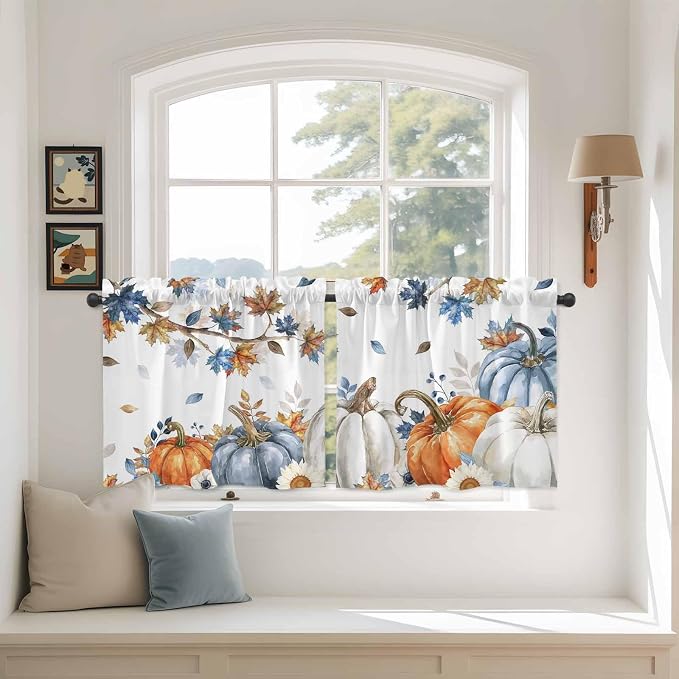 Navy Blue Pumpkin Fall Kitchen Tier Curtains 36 Inch Long 2 Panel Set, Rod by Unknown