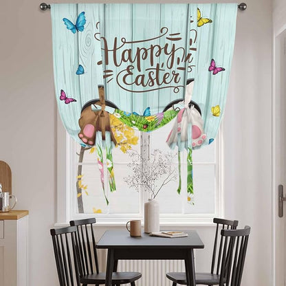 Tie Up Curtains, Happy Easter Bunny Butt Egg Floral Adjustable Rod Pocket by Unknown
