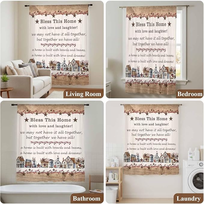 Farmhouse Sheer Curtains 84 Inch Length Country Star Barn Berry Brown Wood - Image 7