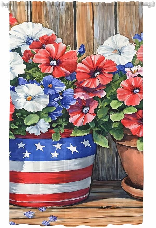 Sheer Curtains 96 Inches Long, Retro Independence Day Flag Wood Grain Privacy by Unknown