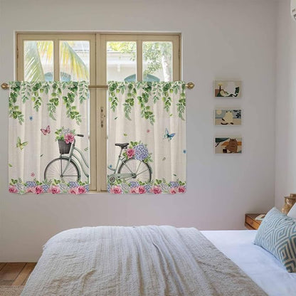 Farmhouse Spring Kitchen Curtains, Retro Bicycles Flowers Vines Butterfly Light - Image 4