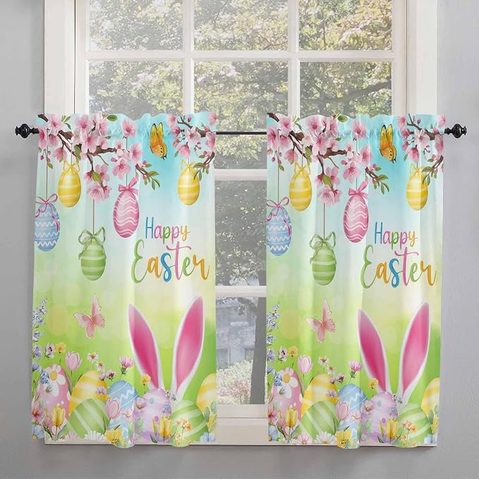Easter Kitchen Curtains 54 Inches length, Spring Bunny Colorful Rabbit Eggs - Image 2