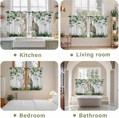Easter Tier Curtains, Country Rabbit Botanical Leaves Wooden Grain Light - Image 8