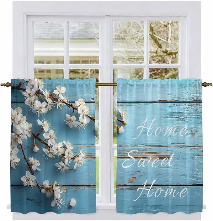 Farmhouse Wooden Grain Tier Curtains, Vintage Shabby Chic Flower Blue Light by Unknown