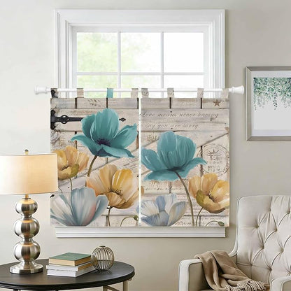 Watercolor Flowers Kitchen Curtains 45 Inch Length, Short Cafe Window Curtains - Image 2