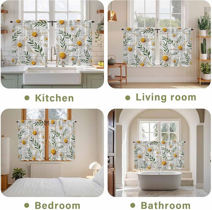 Spring Daisy Tier Curtains, Farmhouse Country Flower Leaf Plant Wood Grain - Image 8