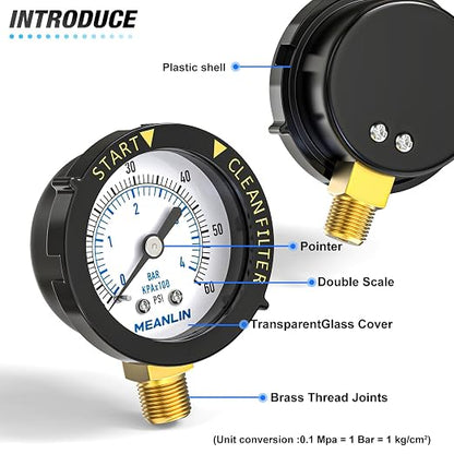 MEANLIN MEASURE 0~60Psi Plastic Frame 1/4" NPT Start and Clean Filter Pressure - Image 3
