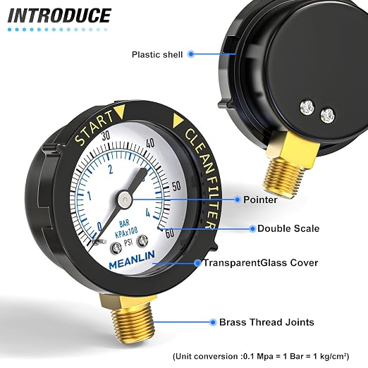 MEANLIN MEASURE 0~60Psi 1/4" NPT Start and Clean Filter Pressure Gauge - Image 3