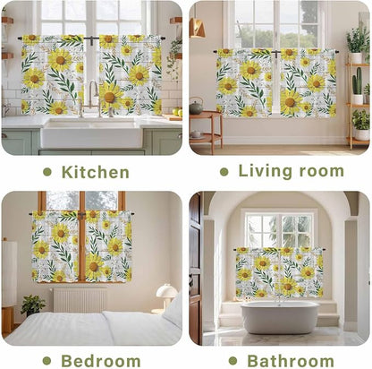 Yellow Daisy Tier Curtains, Farmhouse Country Flower Leaf Plant Wood Grain - Image 8