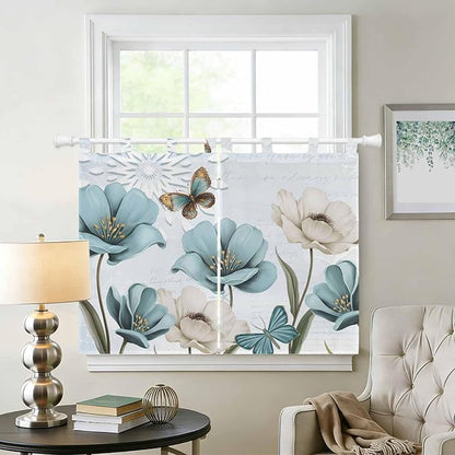 Blue Tulips Bedroom Curtains 63 Inch Length, Window Curtains Tab Top, - Image 2