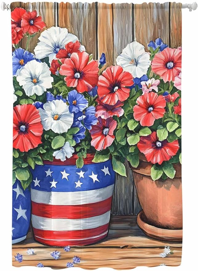 Sheer Curtains 63 Inch Length, Retro Independence Day Flag Wood Grain Privacy by Unknown