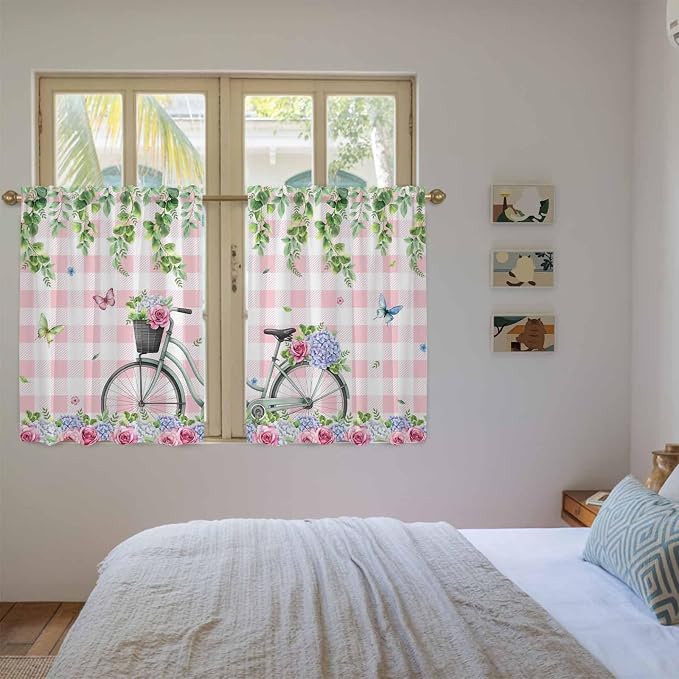 Spring Tier Curtains, Bicycles Leaves Butterfly Flowers Pink Buffalo Plaid - Image 4