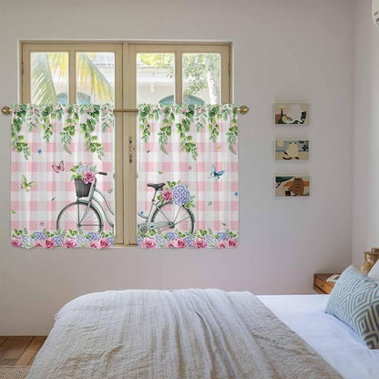 Spring Tier Curtains, Bicycles Leaves Butterfly Flowers Pink Buffalo Plaid - Image 4