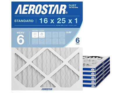 Aerostar 16x25x1 MERV 6 Pleated Air Filter, AC Furnace Air Filter, 6 Pack by AirFiltersDelivered