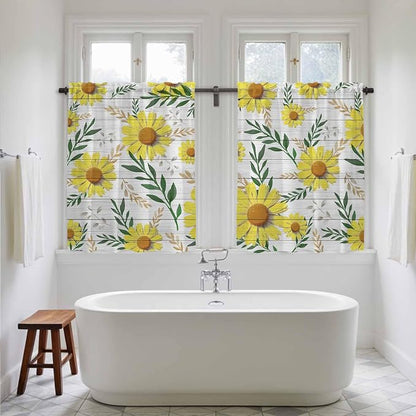 Yellow Daisy Tier Curtains, Farmhouse Country Flower Leaf Plant Wood Grain - Image 5