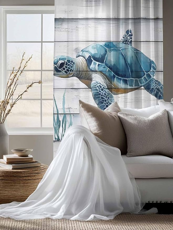 Sheer Curtains 72 Inches Long, Sea Turtle Blue Semi Sheer Curtains Light - Image 4