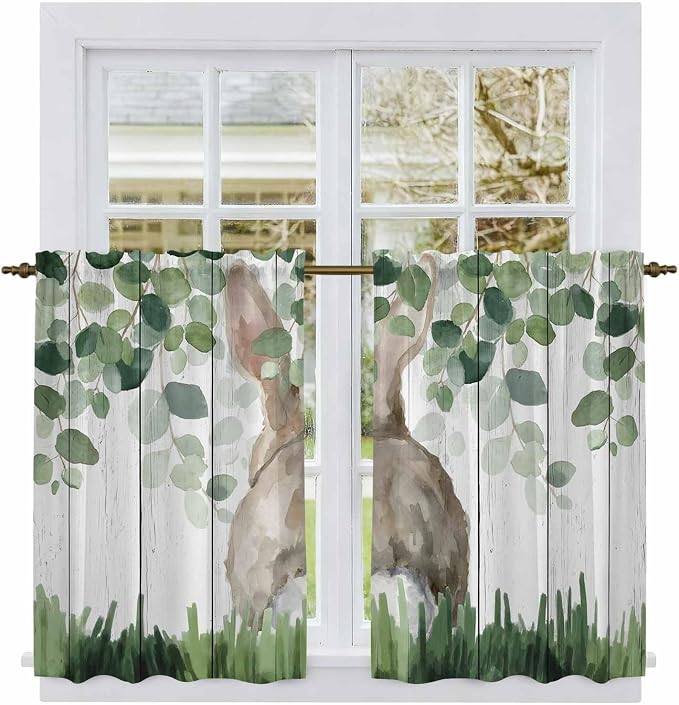 Easter Kitchen Curtains, Country Rabbit Botanical Leaves Wooden Grain Light by Unknown
