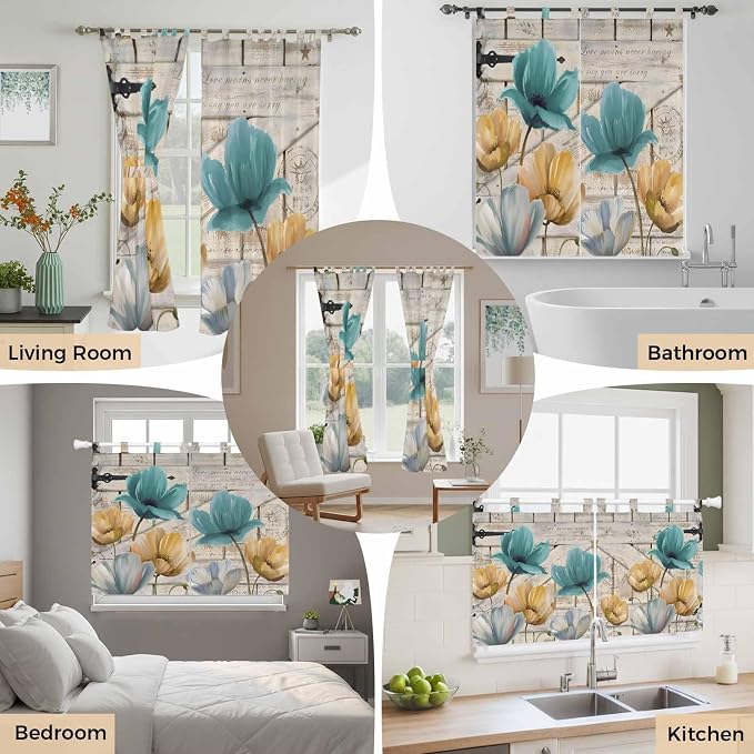 Watercolor Flowers Kitchen Curtains 36 Inch Length, Small Window Curtains Tab - Image 7