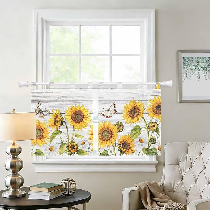 Yellow Sunflowers Kitchen Curtains 24 Inch Length, Small Window Curtains Tab Top - Image 2