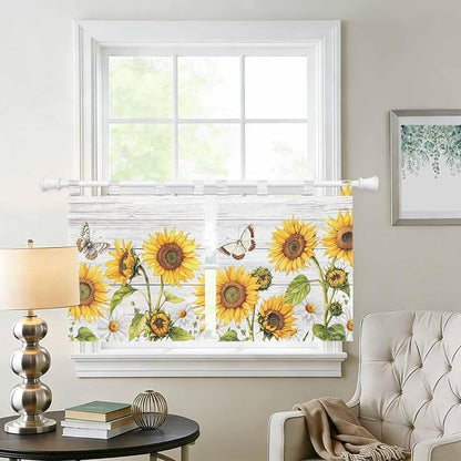 Yellow Sunflowers Kitchen Curtains 36 Inch Length, Small Window Curtains Tab Top - Image 2